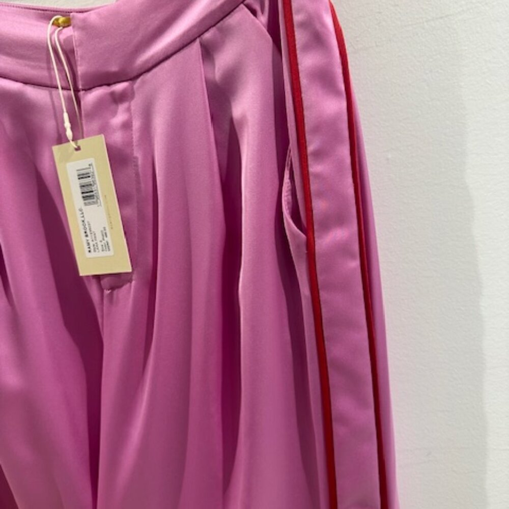 Ramy Brook Silk Pants. Pink Lara Pants With Red Piping